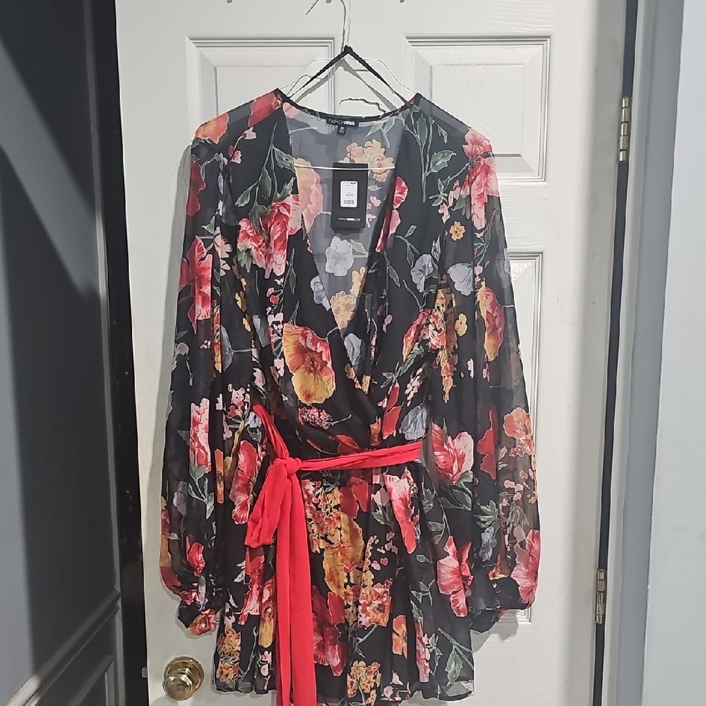 Floral Wrap Shor Jumpsuit with Red Belt